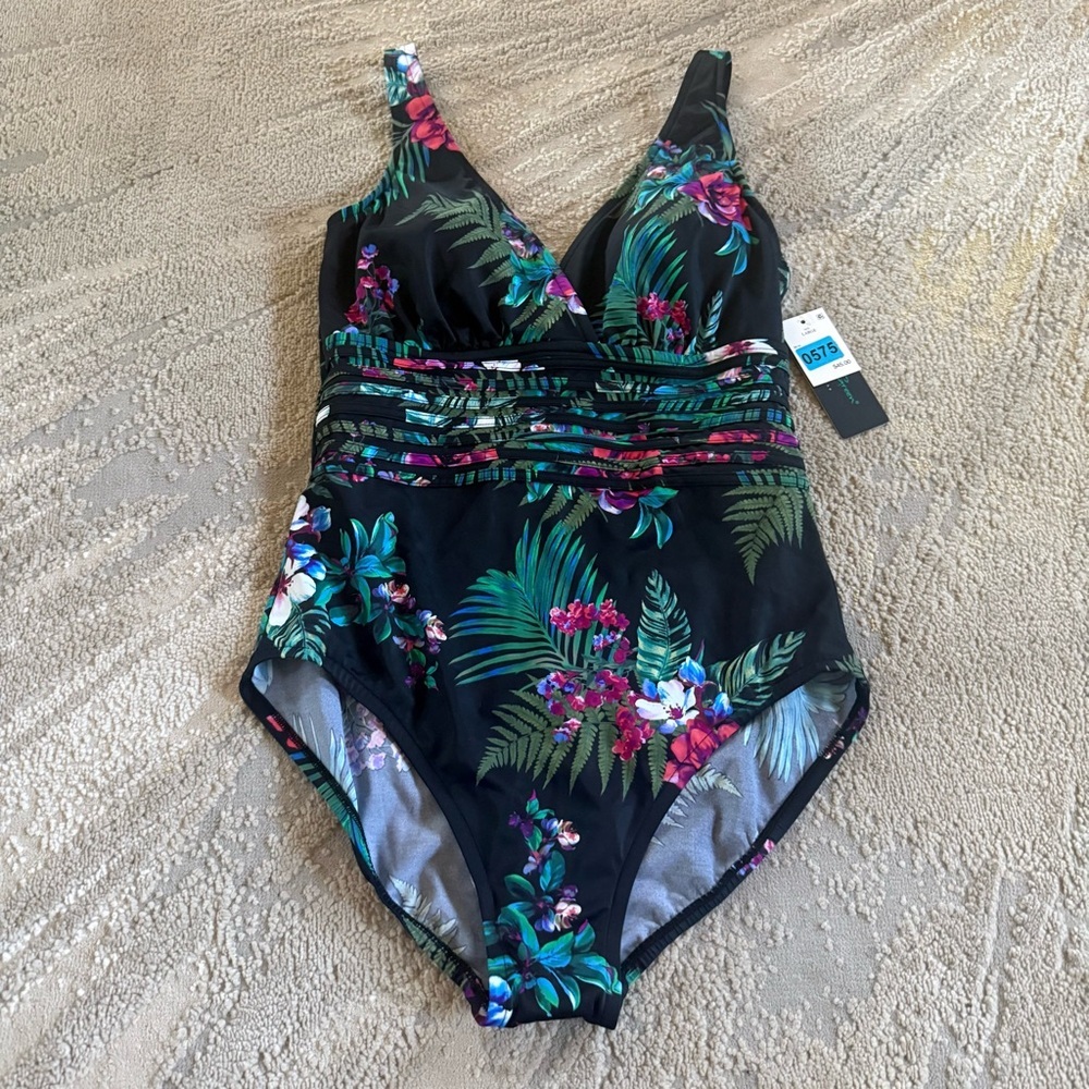 Aqua Green one piece bathing suit swimsuit Black Floral flowers v neck large new